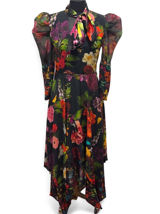Alice + Olivia Dresses & Skirts - Alice + Olivia Black Floral High-Low Puff Sleeve Tie-Neck Dress